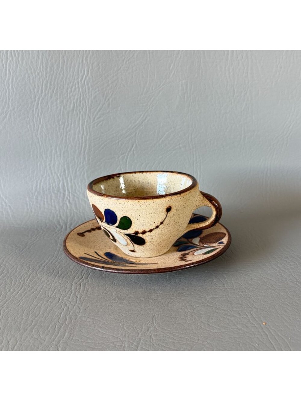 Vintage Tonala Mexico Studio Pottery Cup Saucer Set Signed Blue Butterfly 6" - Picture 2 of 14